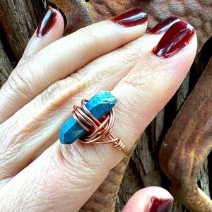 Electroplated Quartz Crystal In Blue Handcrafted Wire-wrapped Ring